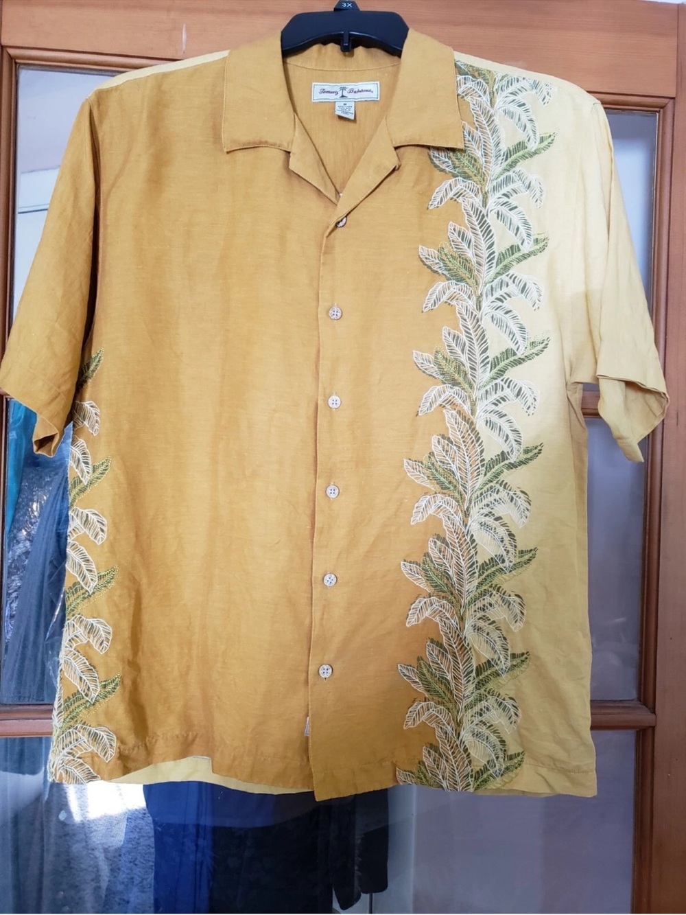 Tommy Bahama Mustard Yellow Linen Button-Down Shirt with Green Leaf Print - 3x